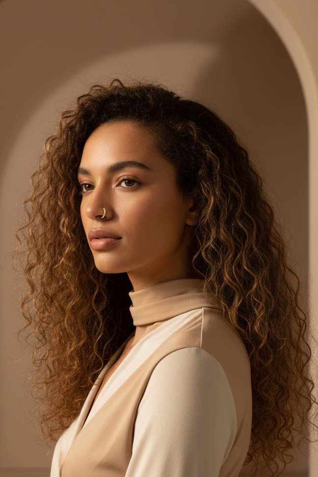 Pavé Arc Nose Ring — Gold open band ring champagne gold-tone with pavé stone setting lifestyle shot worn on model against neutral background, ZARIÉ fine jewellery LUMIÈRE collection