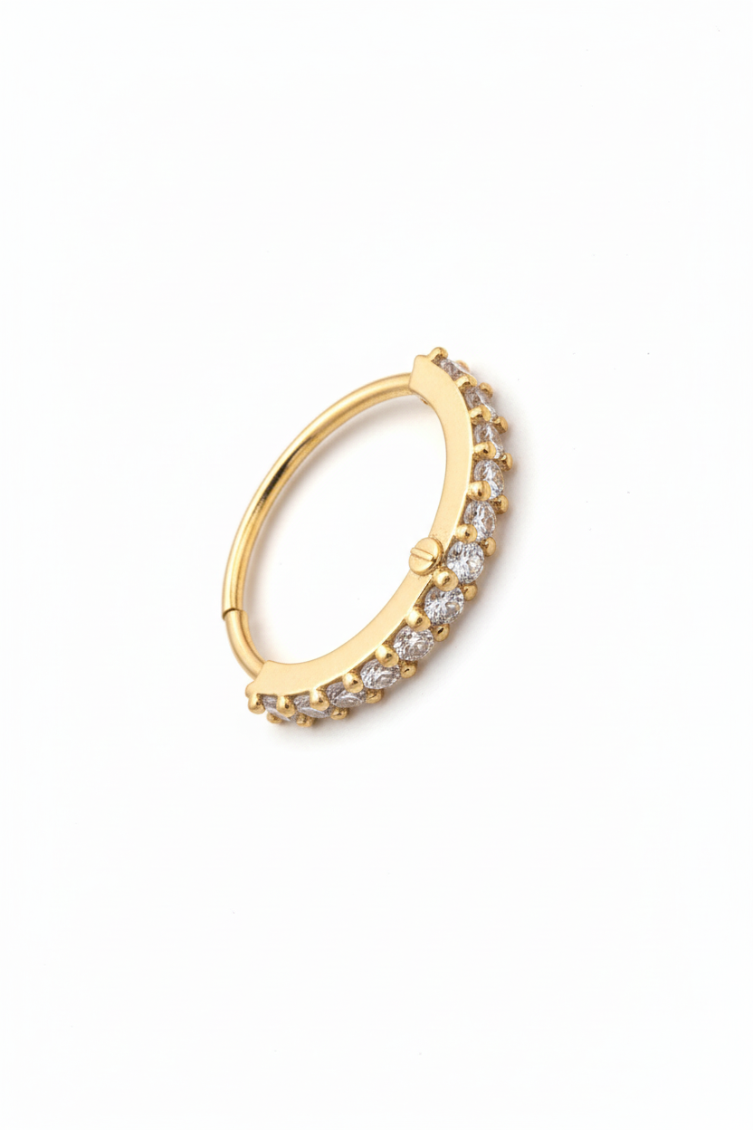 Pavé Arc Nose Ring — Gold open band ring champagne gold-tone with pavé stone setting on clean white background, product flat lay, ZARIÉ fine jewellery LUMIÈRE collection