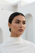 Pavé Arc Nose Ring — Silver open band ring silver-tone with pavé stone setting lifestyle shot worn on model against neutral background, ZARIÉ fine jewellery ÉLORA collection