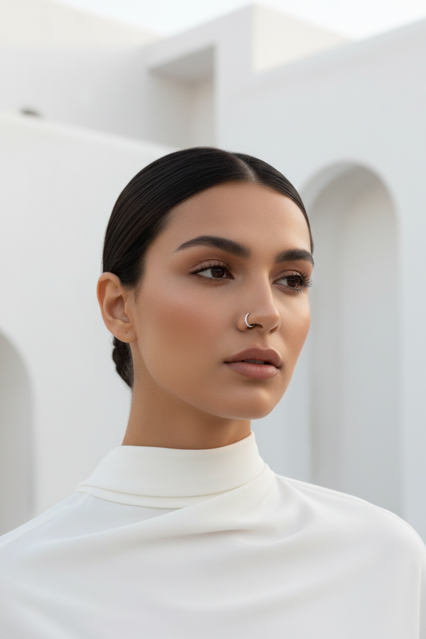 Pavé Arc Nose Ring — Silver open band ring silver-tone with pavé stone setting lifestyle shot worn on model against neutral background, ZARIÉ fine jewellery ÉLORA collection