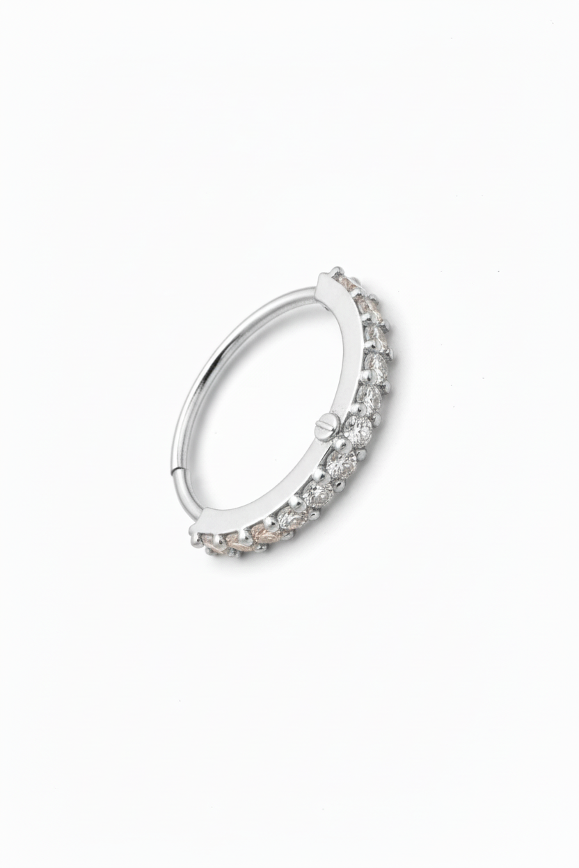 Pavé Arc Nose Ring — Silver open band ring silver-tone with pavé stone setting on clean white background, product flat lay, ZARIÉ fine jewellery ÉLORA collection