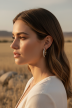 Pavé Contrast Hoop Earrings hoop earrings with pavé stone setting lifestyle shot worn on model against neutral background, ZARIÉ fine jewellery LUMIÈRE collection