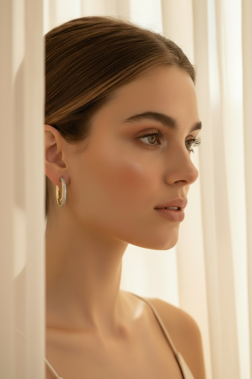 Pavé Contrast Hoop Earrings hoop earrings with pavé stone setting lifestyle shot worn on model against neutral background, ZARIÉ fine jewellery LUMIÈRE collection