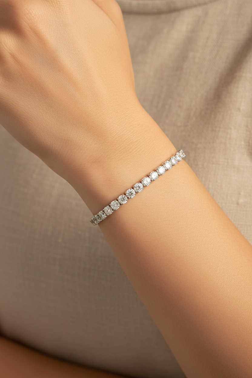 Pavé Line Bracelet – Silver delicate bracelet silver-tone with pavé stone setting lifestyle shot worn on model against neutral background, ZARIÉ fine jewellery ÉLORA collection