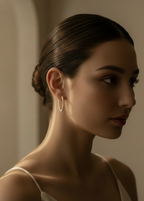 Pavé Lined Hoop Earrings hoop earrings with pavé stone setting lifestyle shot worn on model against neutral background, ZARIÉ fine jewellery LUMIÈRE collection