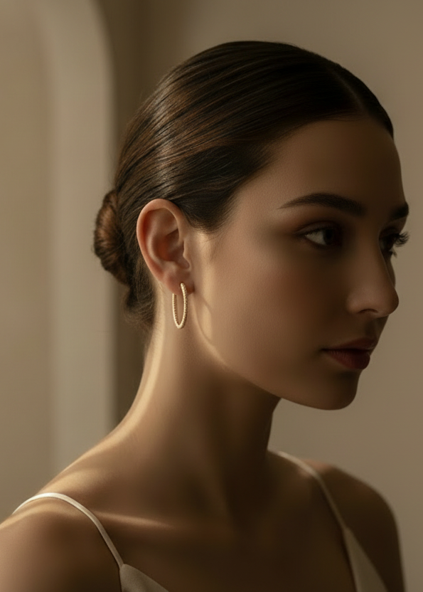 Pavé Lined Hoop Earrings hoop earrings with pavé stone setting lifestyle shot worn on model against neutral background, ZARIÉ fine jewellery LUMIÈRE collection