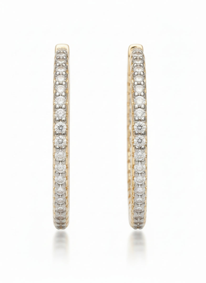 Pavé Lined Hoop Earrings hoop earrings with pavé stone setting lifestyle shot worn on model against neutral background, ZARIÉ fine jewellery LUMIÈRE collection
