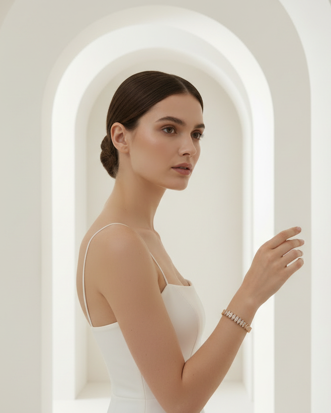 Pavé Marquise Link Bracelet delicate bracelet with pavé stone setting lifestyle shot worn on model against neutral background, ZARIÉ fine jewellery LUMIÈRE collection
