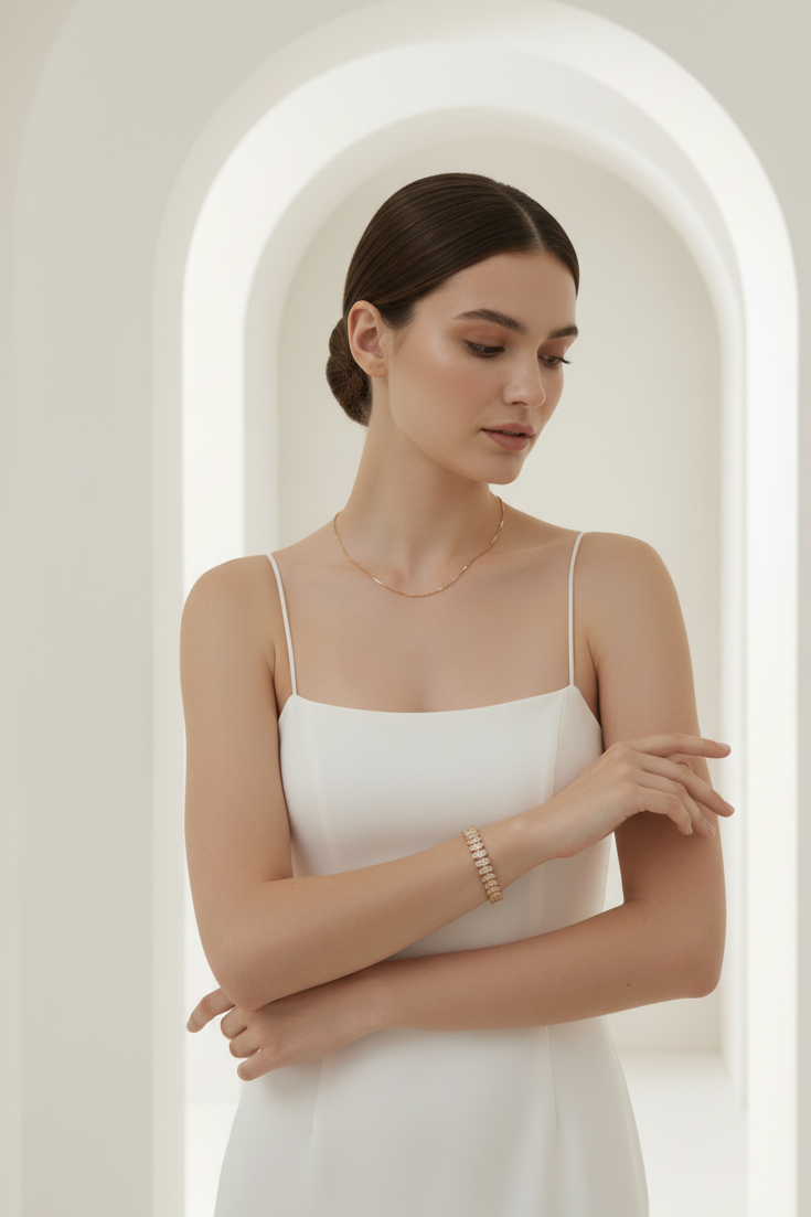 Pavé Marquise Link Bracelet delicate bracelet with pavé stone setting lifestyle shot worn on model against neutral background, ZARIÉ fine jewellery LUMIÈRE collection