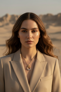Woman in a beige suit with mountains in the background