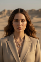Woman in a beige suit with mountains in the background