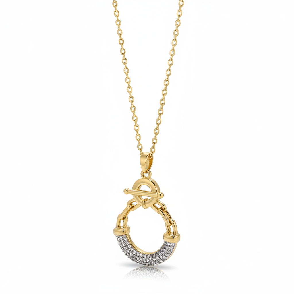 Gold necklace with a pendant on a white background