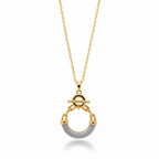 Gold necklace with a circular pendant on a white background