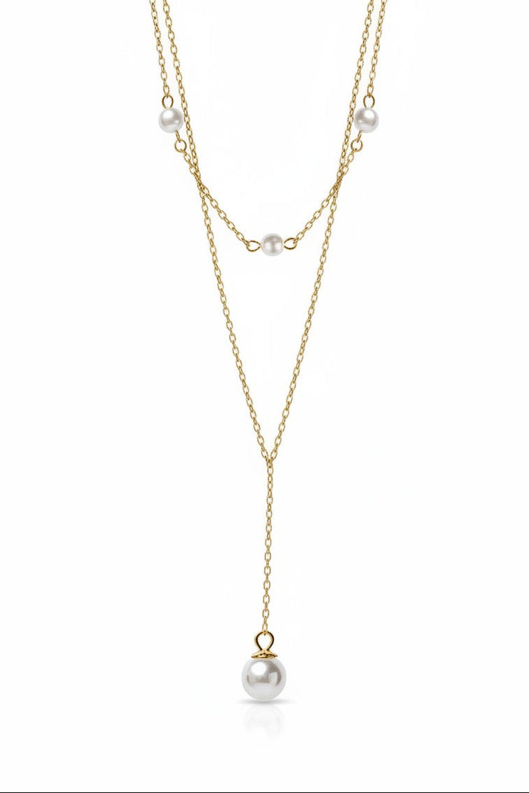 Pearl Drop Layer Necklace drop earrings with pearl detail on clean white background, product flat lay, ZARIÉ fine jewellery SÉRÉNITÉ collection