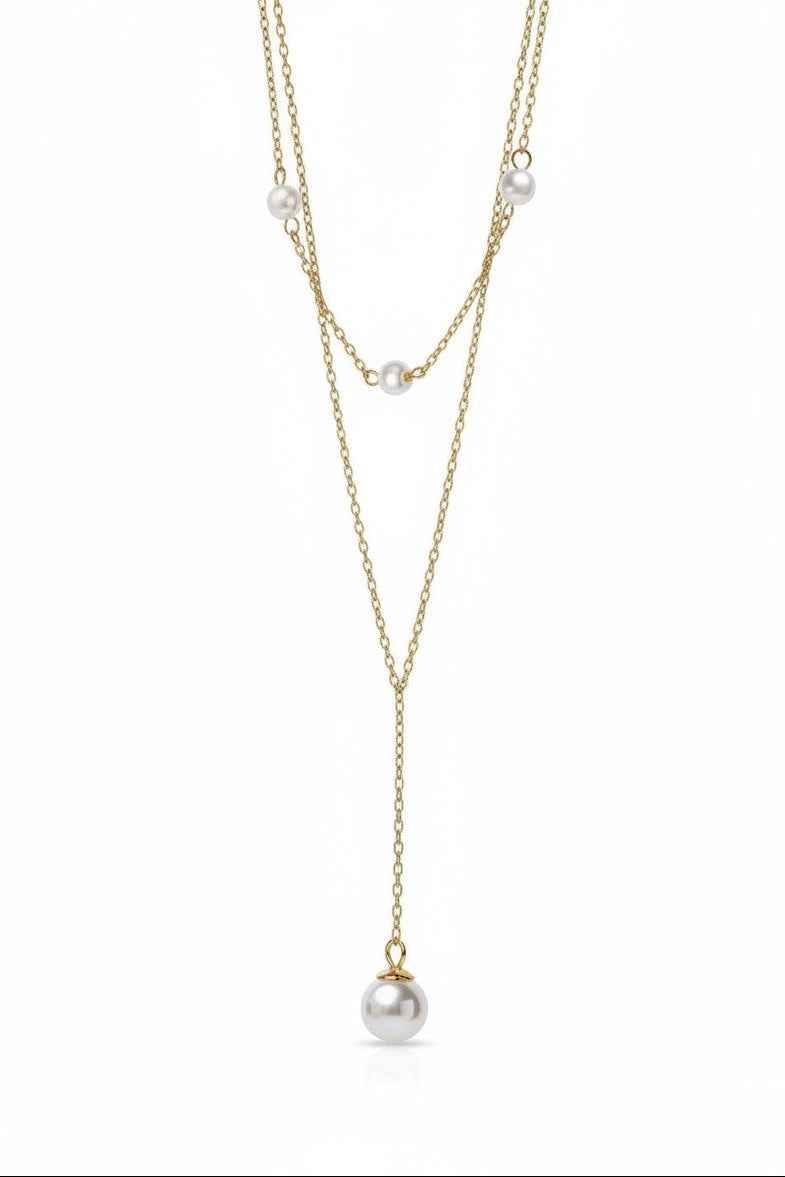 Pearl Drop Layer Necklace drop earrings with pearl detail on clean white background, product flat lay, ZARIÉ fine jewellery SÉRÉNITÉ collection