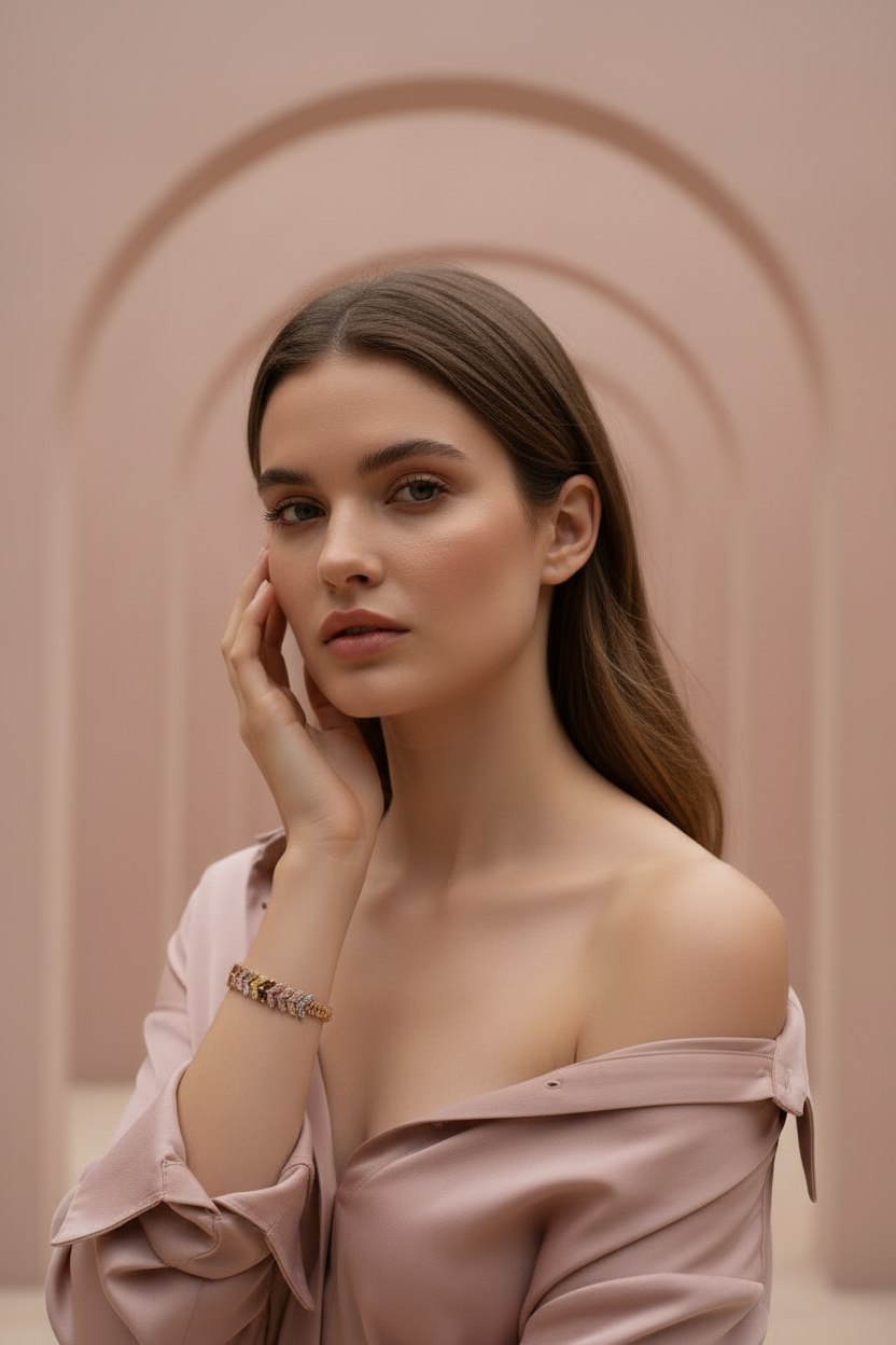 Petal Arc Bracelet delicate bracelet lifestyle shot worn on model against neutral background, ZARIÉ fine jewellery RAYONNE collection