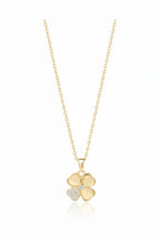 Petite Clover Necklace — Gold fine chain necklace champagne gold-tone four-leaf clover motif on clean white background, product flat lay, ZARIÉ fine jewellery HARMONIE collection