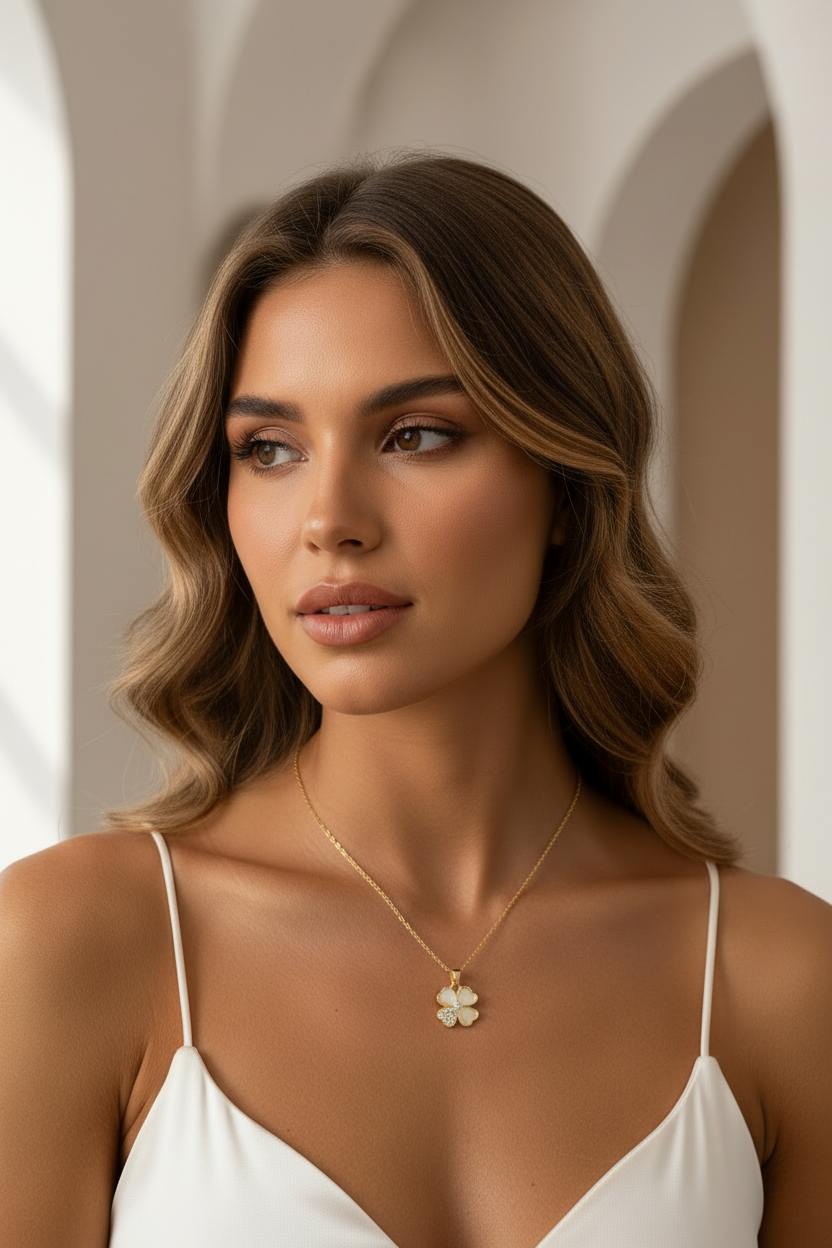 Petite Clover Necklace — Gold fine chain necklace champagne gold-tone four-leaf clover motif close-up detail shot showing craftsmanship on soft beige background, ZARIÉ fine jewellery HARMONIE collection