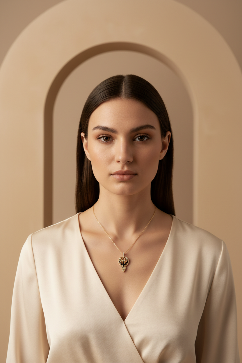 Phoenix Charm Pendant – Gold pendant necklace champagne gold-tone lifestyle shot worn on model against neutral background, ZARIÉ fine jewellery HARMONIE collection