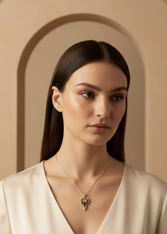 Phoenix Charm Pendant – Gold pendant necklace champagne gold-tone lifestyle shot worn on model against neutral background, ZARIÉ fine jewellery HARMONIE collection