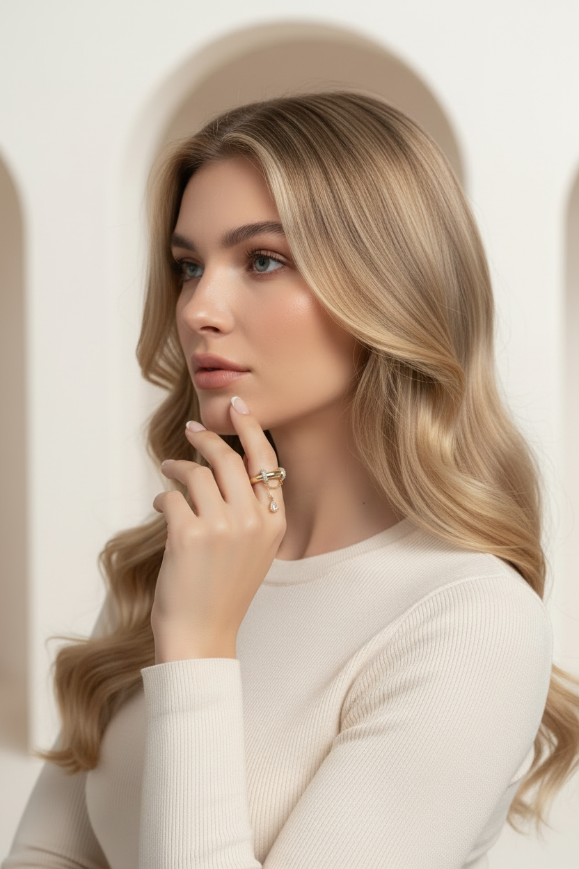 Woman with styled blonde hair wearing a white sweater against a neutral background