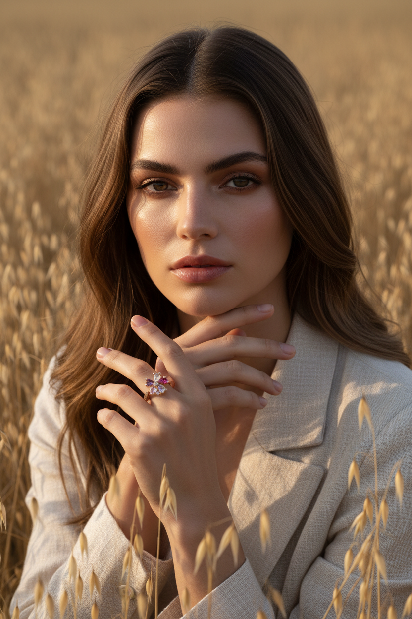 Woman in a beige coat holding a hand with a ring in a field