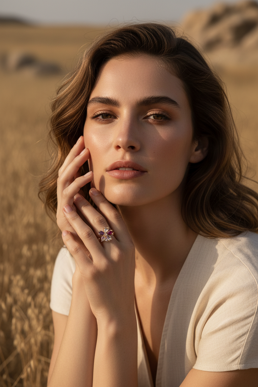 Woman with a ring on her finger against a natural background