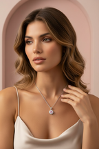 Pink Halo Necklace fine chain necklace lifestyle shot worn on model against neutral background, ZARIÉ fine jewellery ÉLORA collection