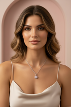 Pink Halo Necklace fine chain necklace lifestyle shot worn on model against neutral background, ZARIÉ fine jewellery ÉLORA collection