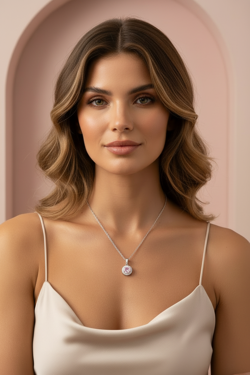 Pink Halo Necklace fine chain necklace lifestyle shot worn on model against neutral background, ZARIÉ fine jewellery ÉLORA collection