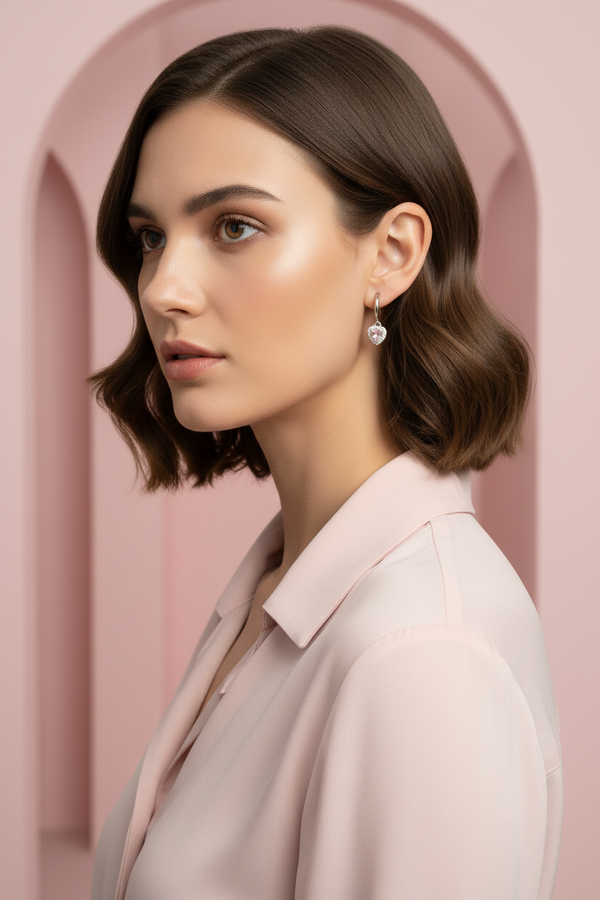 Pink Heart Pavé  Earrings – Classic open band ring with pavé stone setting lifestyle shot worn on model against neutral background, ZARIÉ fine jewellery AMOURÉ collection