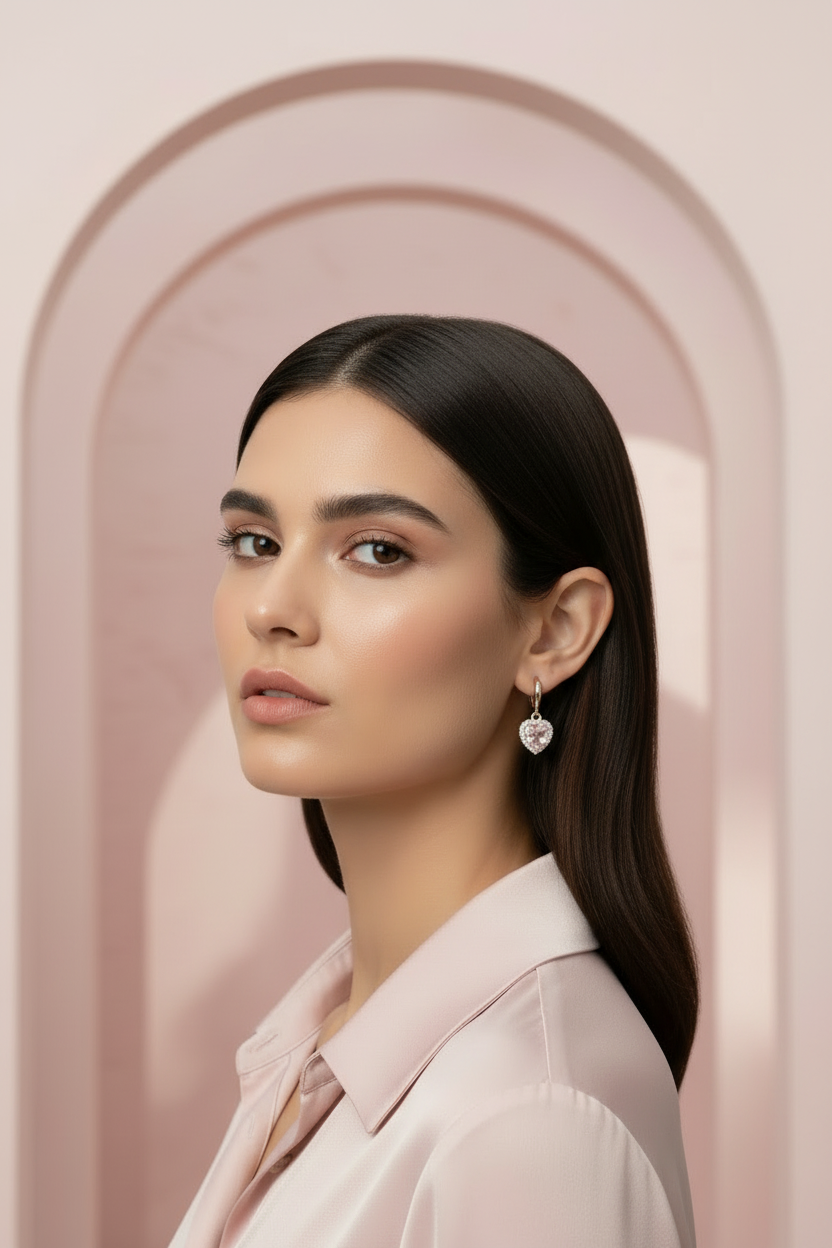 Pink Heart Pavé Earrings – Statement open band ring with pavé stone setting lifestyle shot worn on model against neutral background, ZARIÉ fine jewellery AMOURÉ collection