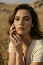 Prism Bloom Open Ring open band ring lifestyle shot worn on model against neutral background, ZARIÉ fine jewellery RAYONNE collection