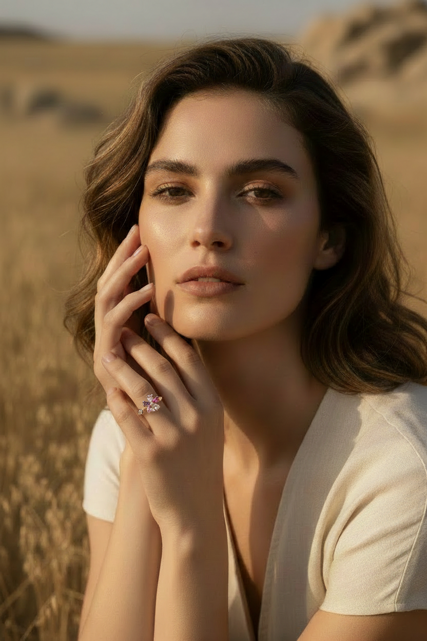 Prism Bloom Open Ring open band ring lifestyle shot worn on model against neutral background, ZARIÉ fine jewellery RAYONNE collection