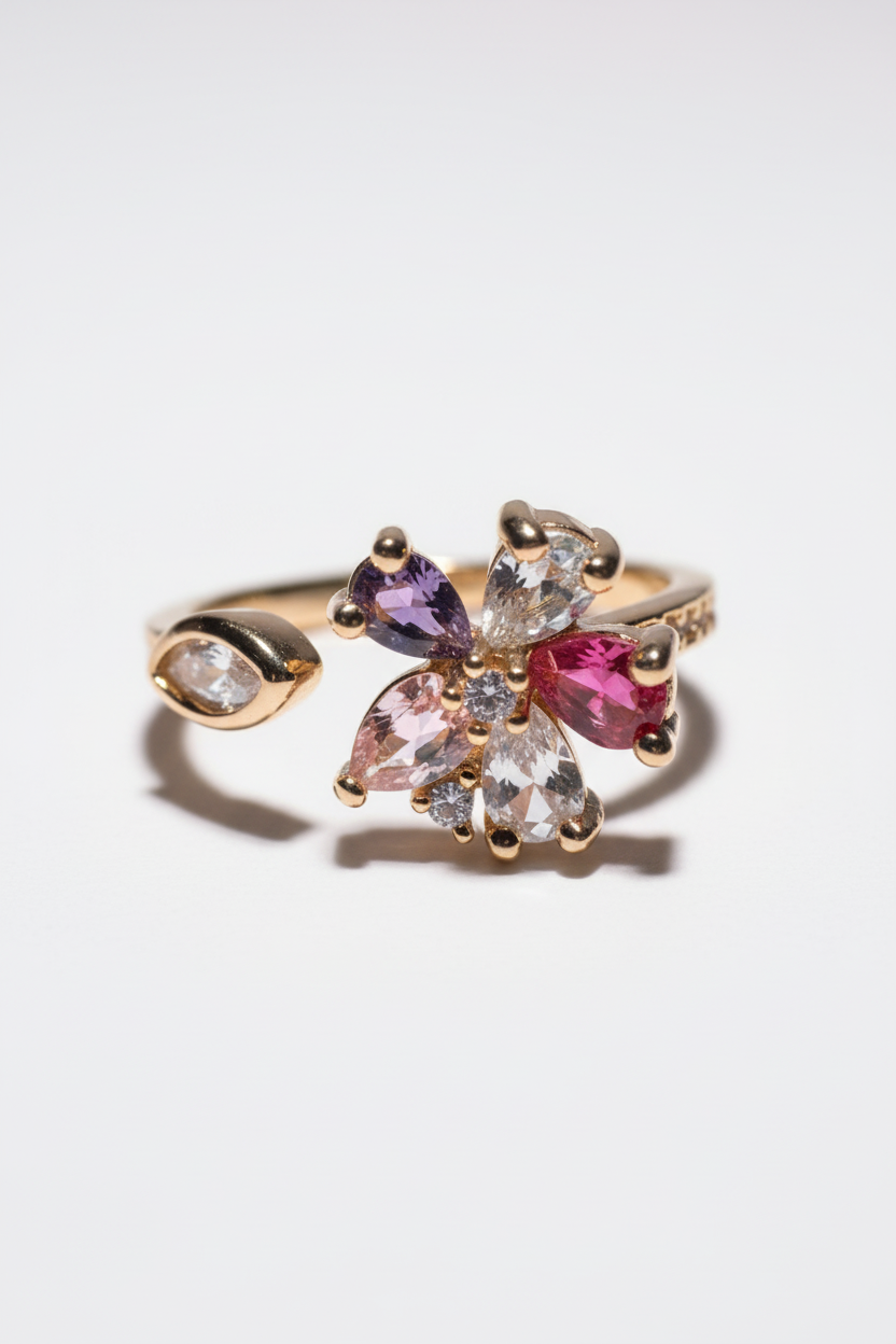 Prism Bloom Open Ring open band ring on clean white background, product flat lay, ZARIÉ fine jewellery RAYONNE collection