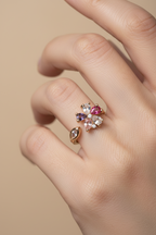 Prism Bloom Open Ring open band ring lifestyle shot worn on model against neutral background, ZARIÉ fine jewellery RAYONNE collection