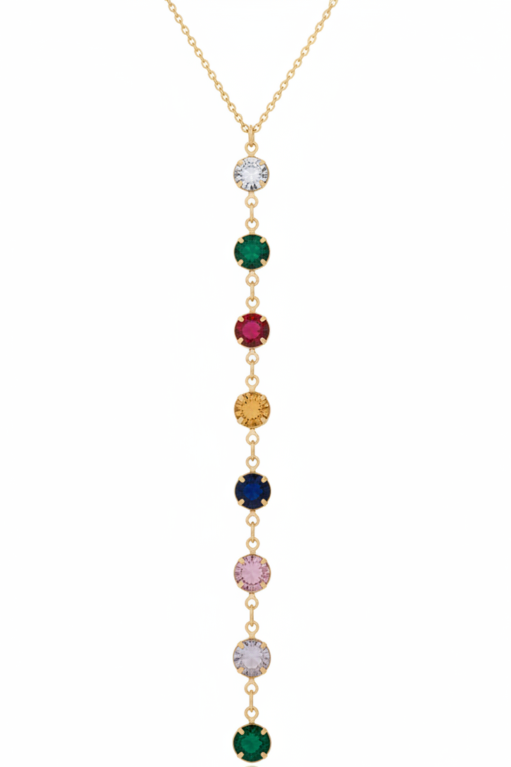 Prism Cascade Necklace — Gold fine chain necklace champagne gold-tone lifestyle shot worn on model against neutral background, ZARIÉ fine jewellery RAYONNE collection