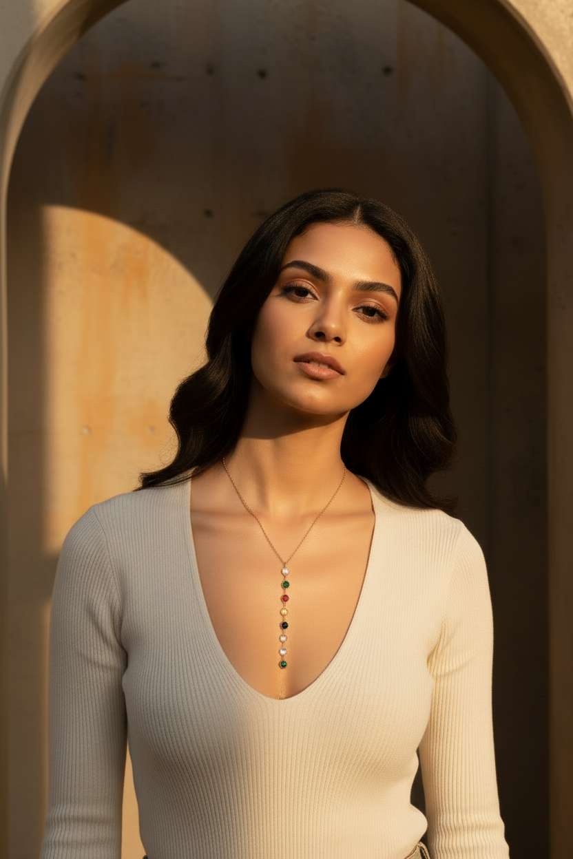 Prism Cascade Necklace — Gold fine chain necklace champagne gold-tone close-up detail shot showing craftsmanship, ZARIÉ fine jewellery RAYONNE collection