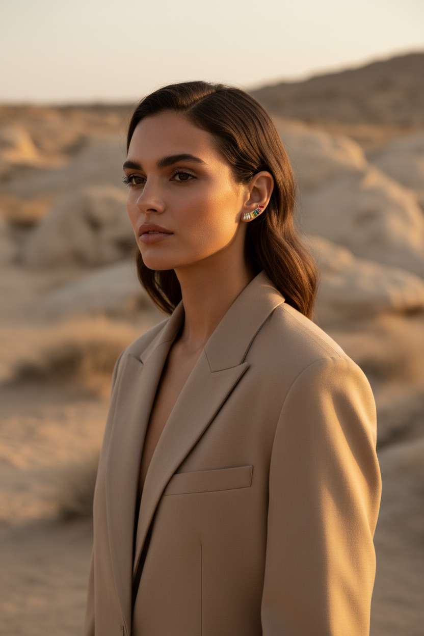 Woman in a beige coat standing in a desert landscape with warm lighting