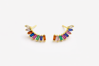 Pair of colorful earrings with gold setting on a white background