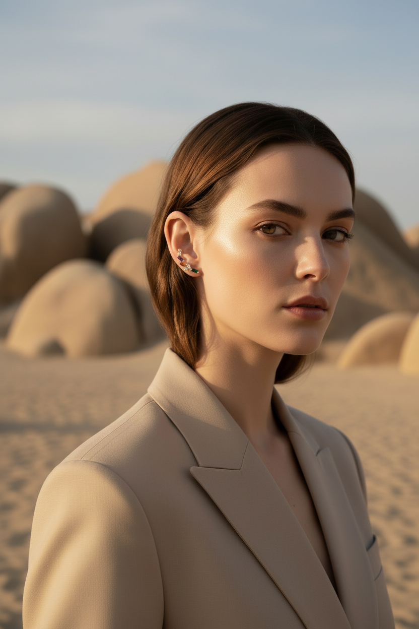 Woman in a beige suit standing in a desert landscape with large rocks.