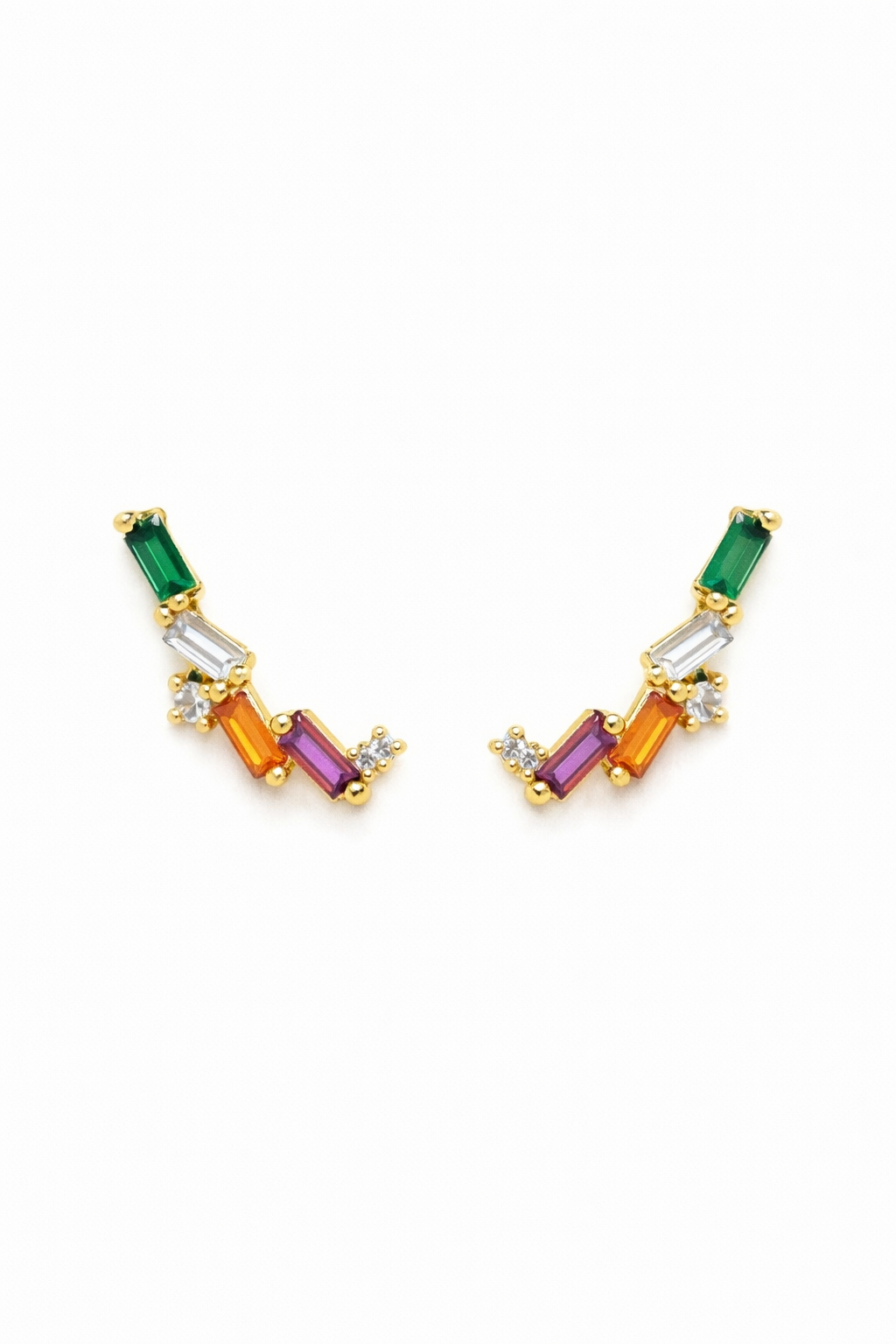 Multicolored gemstone earrings on a white background