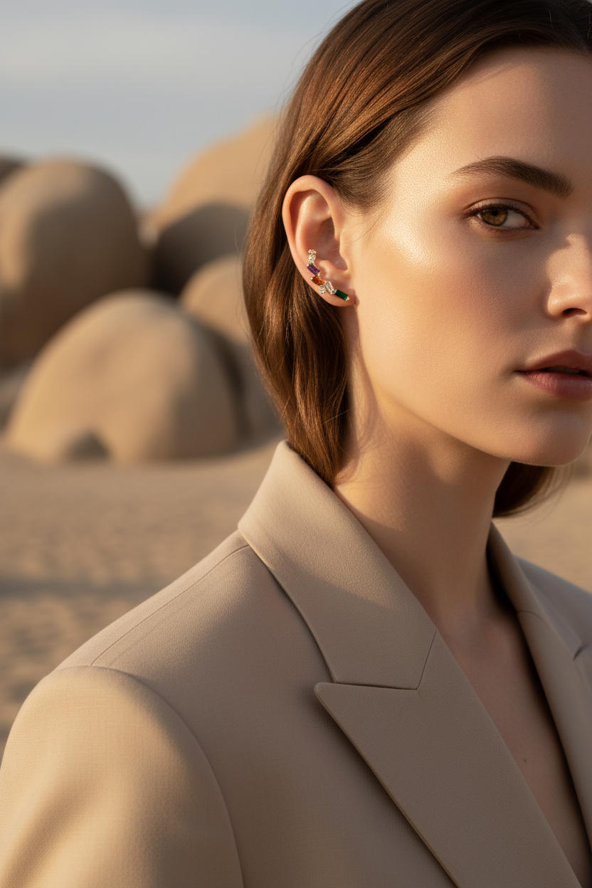 Woman wearing a beige coat with desert landscape in the background