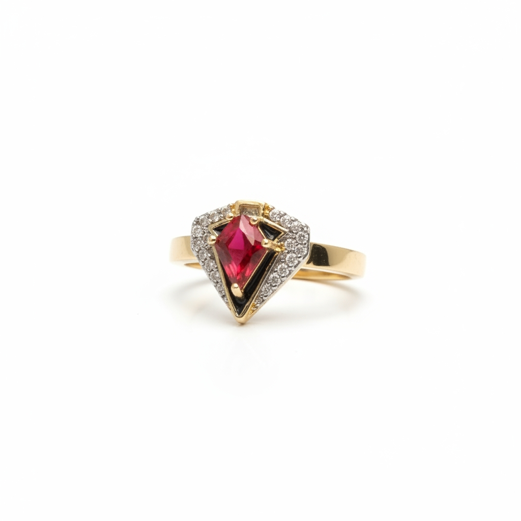 Close-up of champagne gold red stone halo ring showing deep red gemstone surrounded by delicate pavé crystal border, refined band design with polished finish against natural skin tones