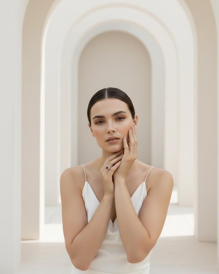 Red stone halo ring in champagne gold photographed on soft beige linen background, featuring red gemstone with crystal halo detailing, minimal elegant design with warm beige aesthetic and polished metallic finish
