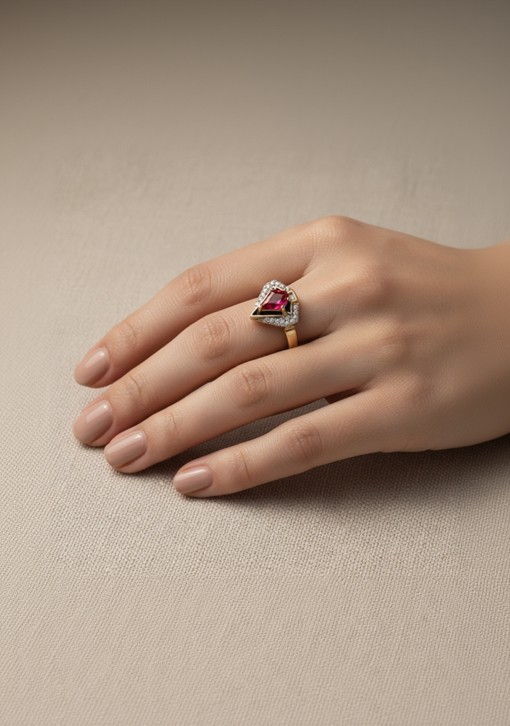 Red stone halo ring in champagne gold on hand showing red gemstone with delicate crystal halo, minimal elegant design with barely-there band and refined craftsmanship, soft natural lighting with warm undertones