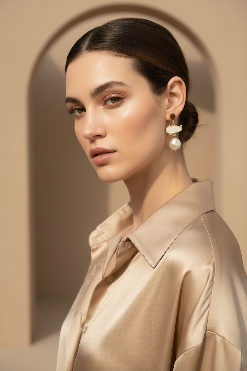 Refined Pearl Drop Earrings drop earrings with pearl detail lifestyle shot worn on model against neutral background, ZARIÉ fine jewellery HARMONIE collection