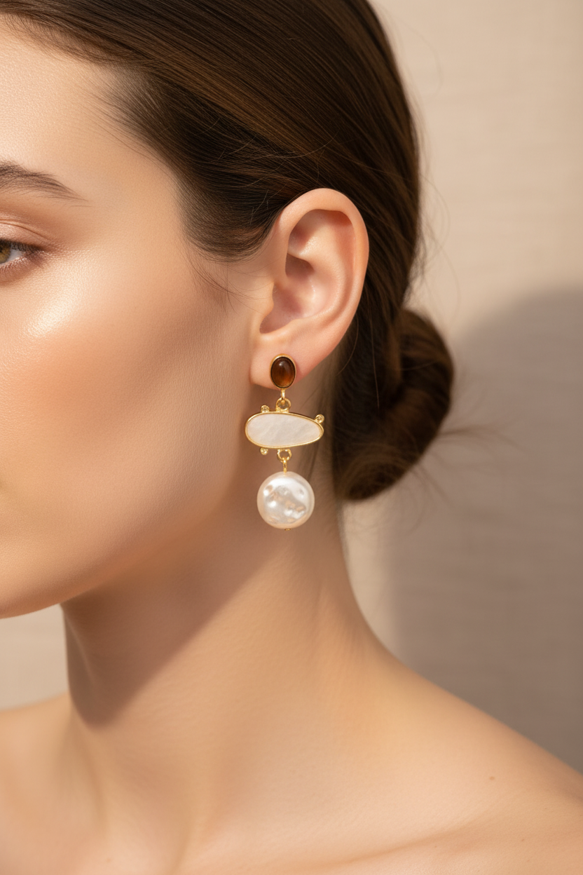 Close-up of a woman wearing gold earrings with pearls against a neutral background