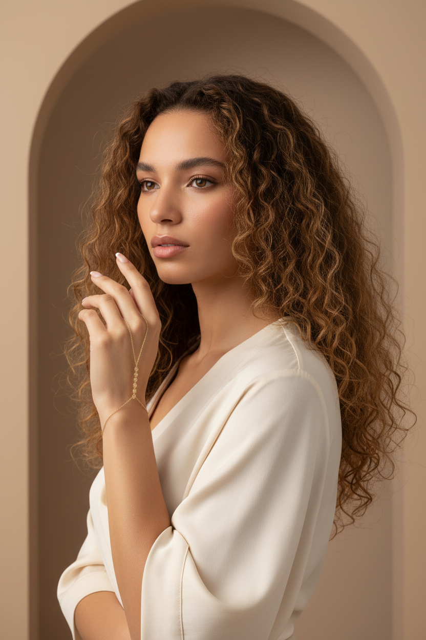 Rhythm Étoile Handpiece fine jewellery piece lifestyle shot worn on model against neutral background, ZARIÉ fine jewellery SÉRÉNITÉ collection