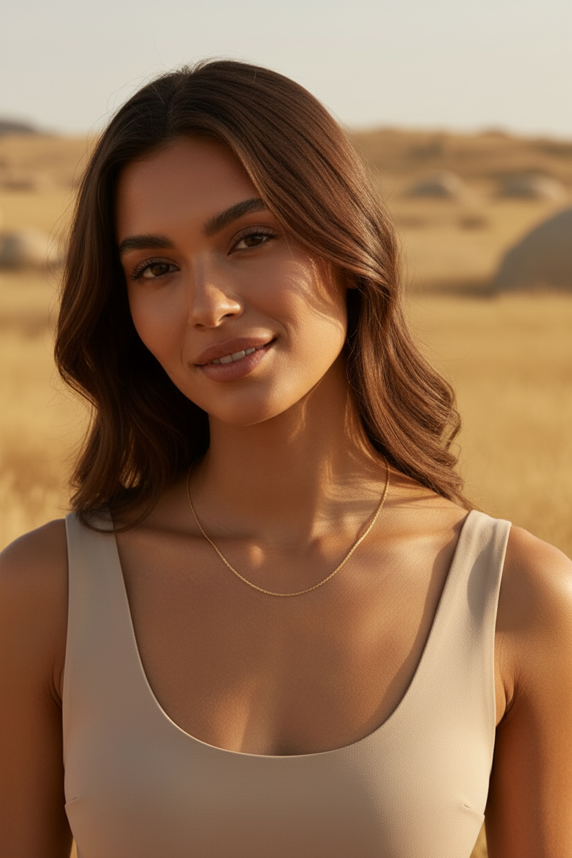 Ripple Chain Necklace fine chain necklace lifestyle shot worn on model against neutral background, ZARIÉ fine jewellery SÉRÉNITÉ collection